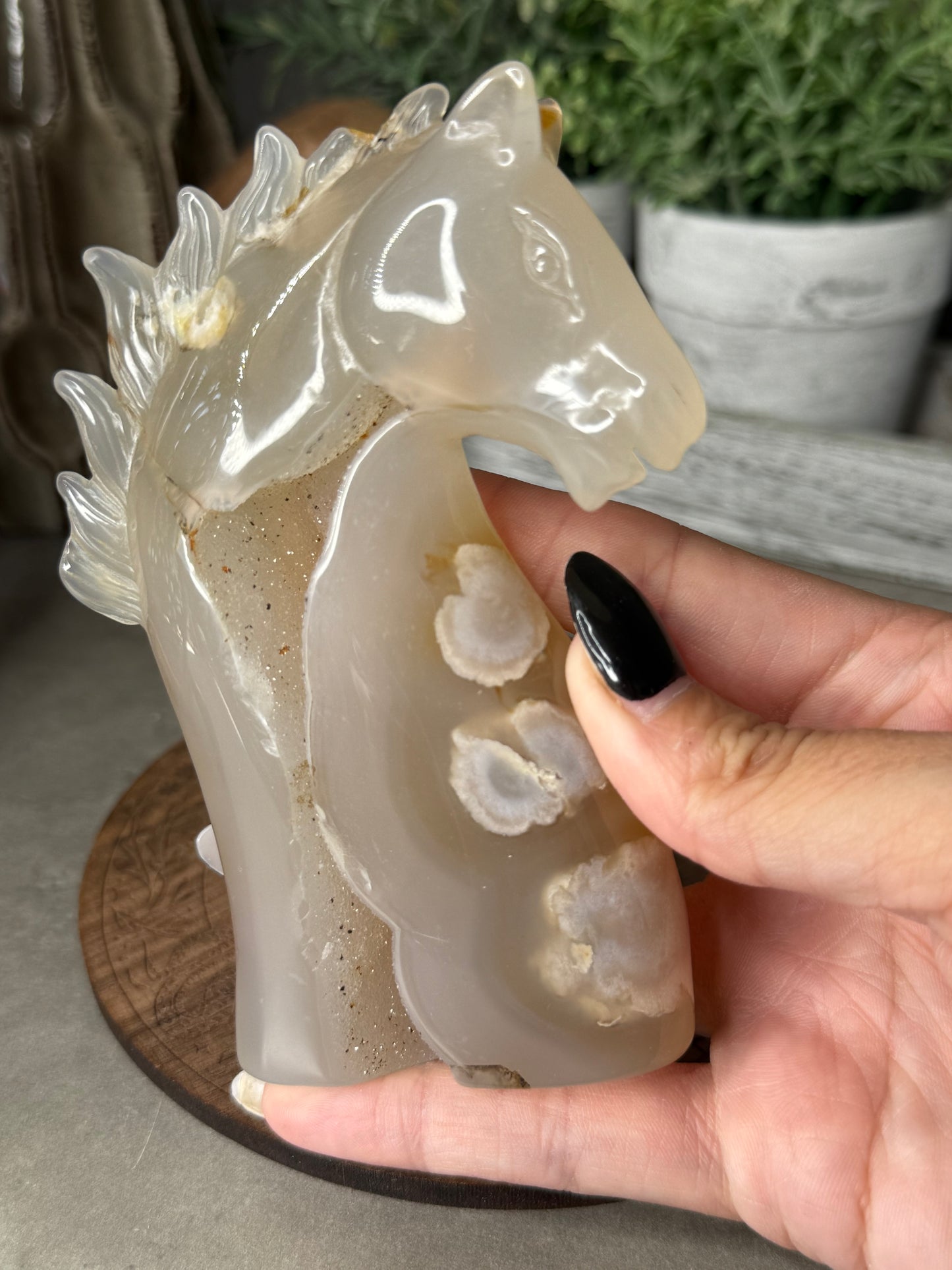 Flower Agate Crystal Horse Head Druzy Carving