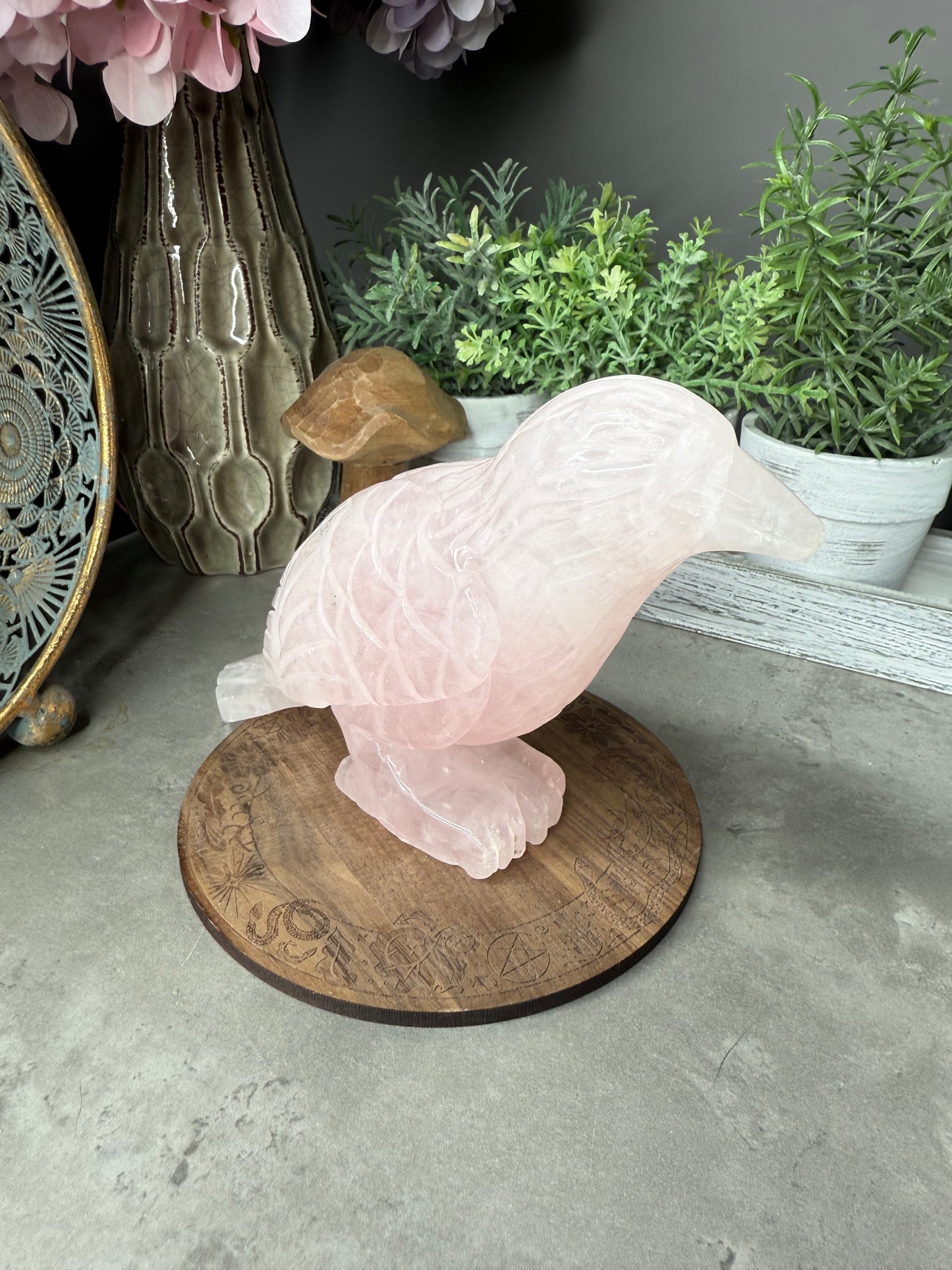 Rose Quartz Crow Crystal Carving