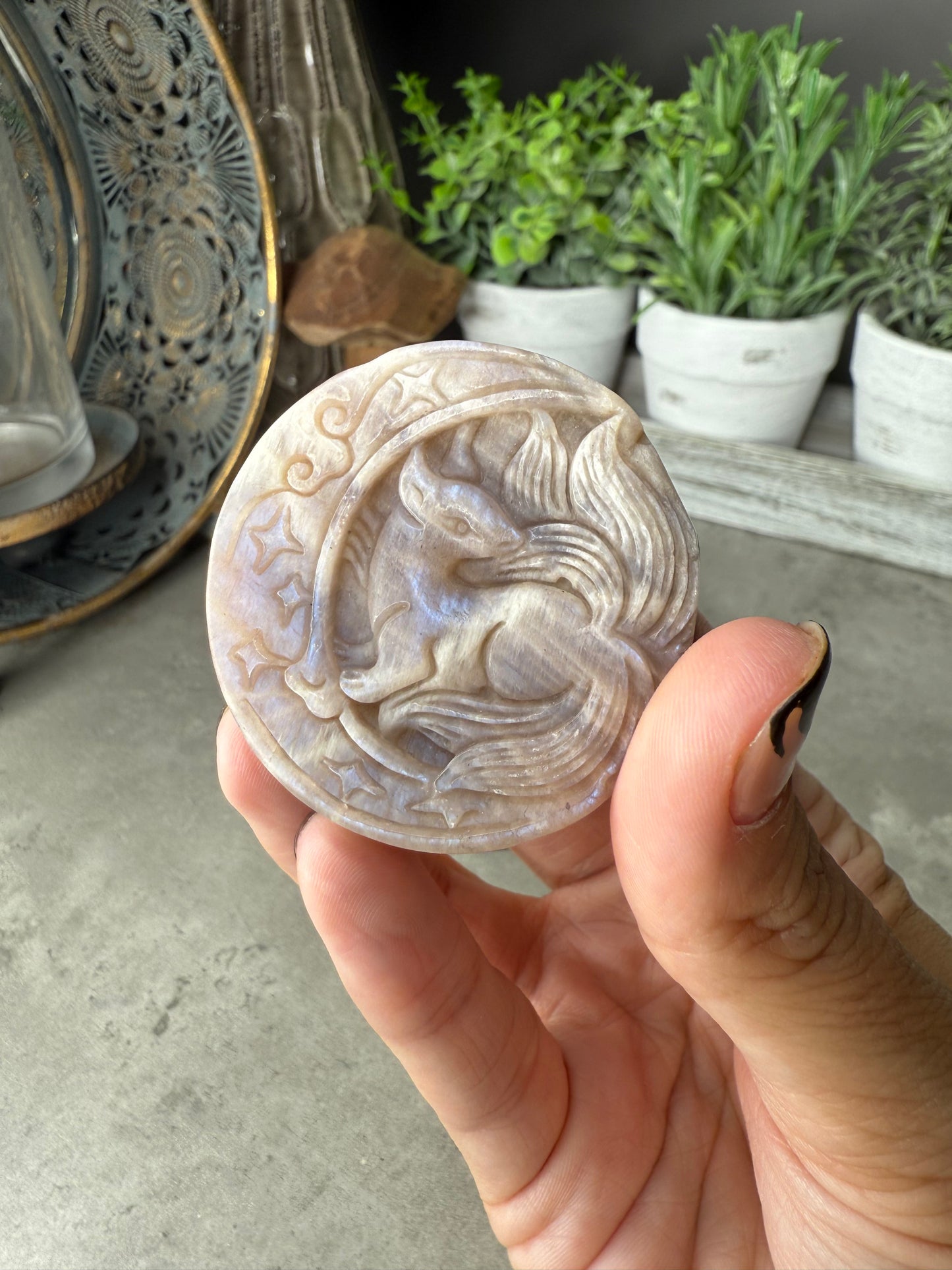 Hand carved Moonstone Nine Tailed Fox and Moon Crystal Carving with Stand - 27g