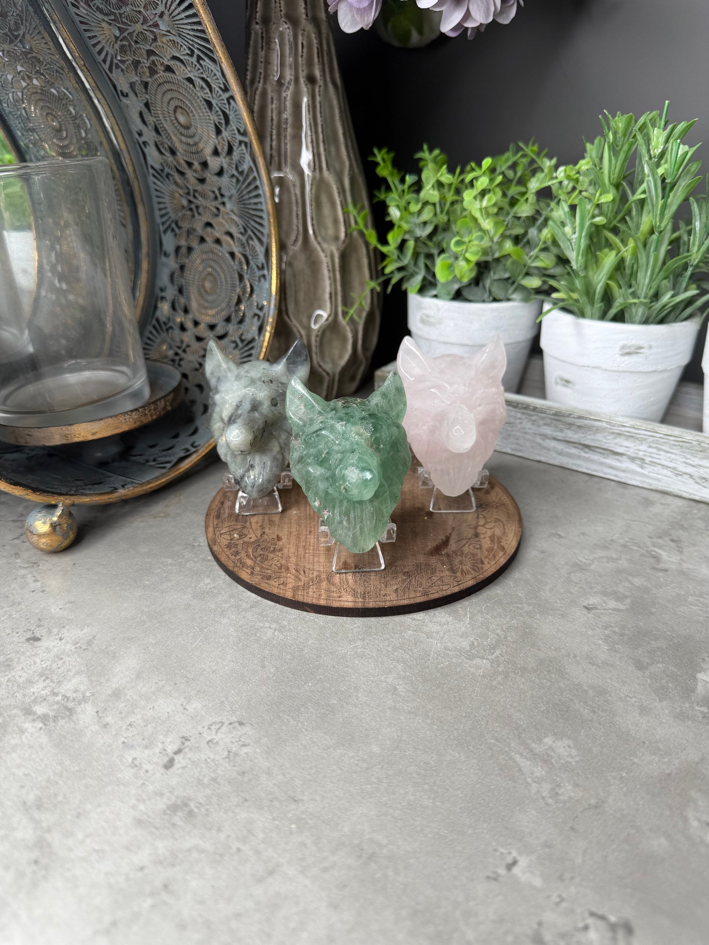 Wolf Head Crystal Carvings with Stand