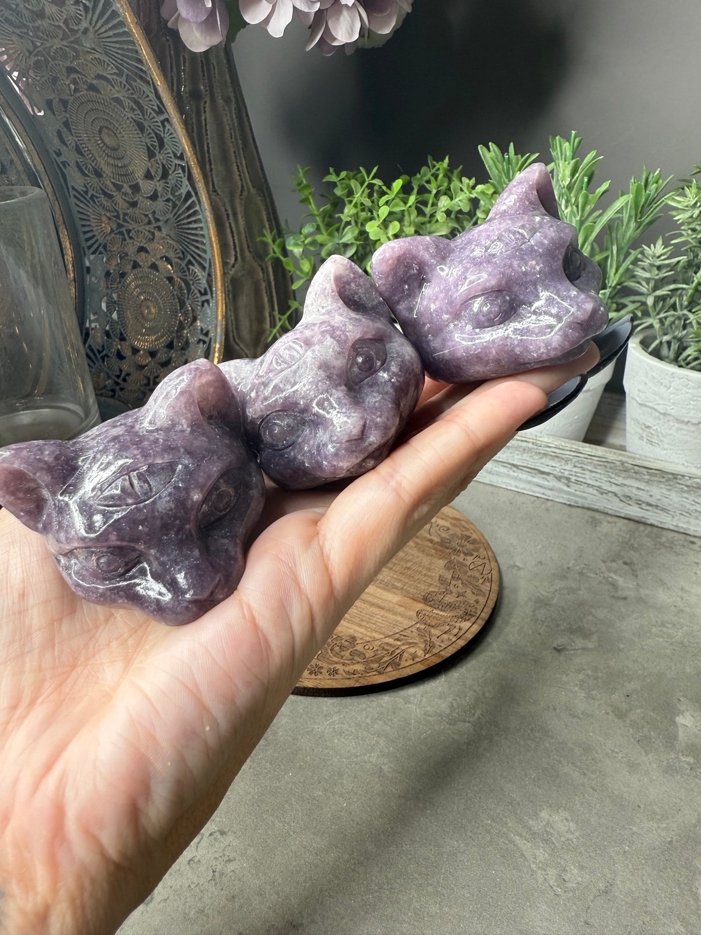 Three Eyed Lepidolite Cat Crystal Carvings