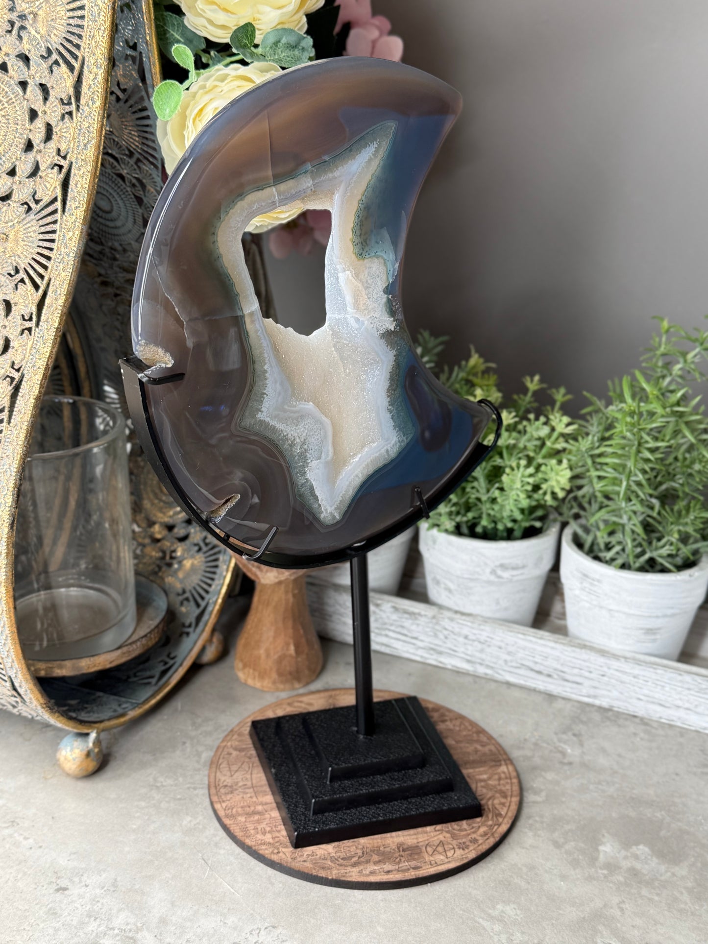 Large Druzy Agate Crystal Moon and Stand Statement Piece