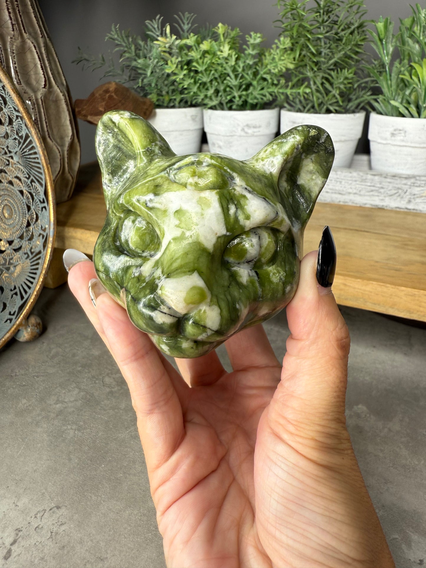 Green Jade Crystal Cat Carvings - Large