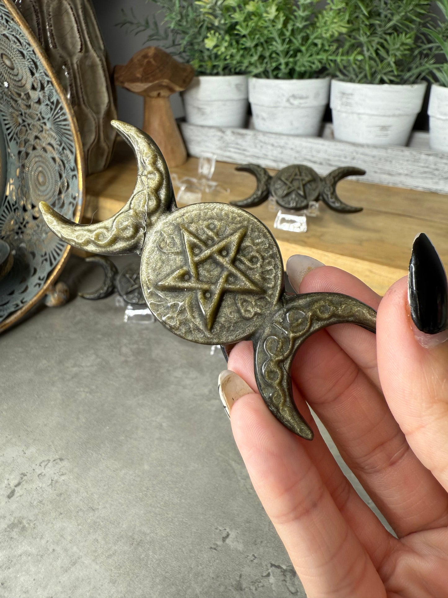 Gold Sheen Obsidian Triple Moon Crystal Carving Hecate witchcraft