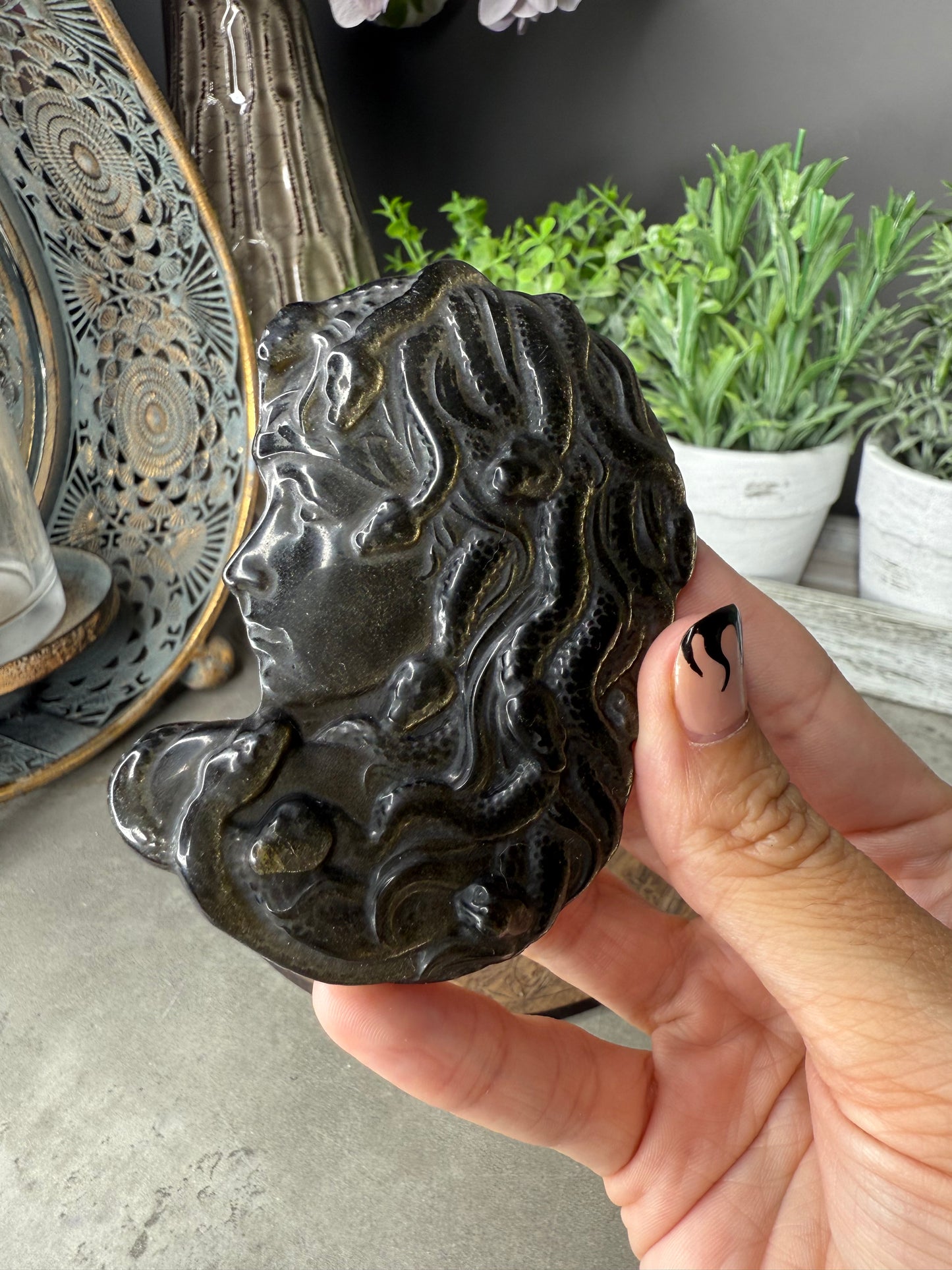 Gold Sheen Obsidian Medusa Crystal Carving - 31g