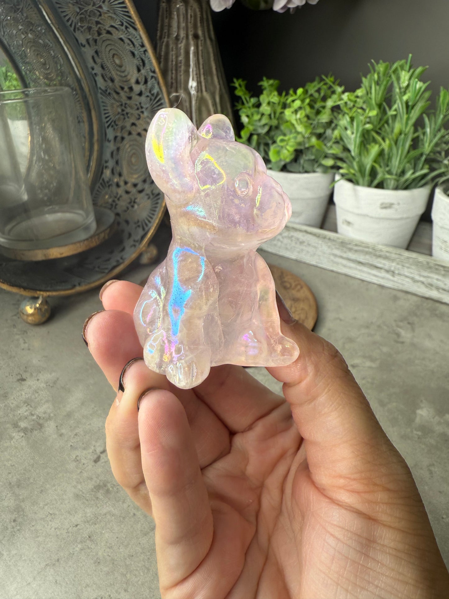 Aura Coated Rose Quartz French Bulldog Crystal Carvings