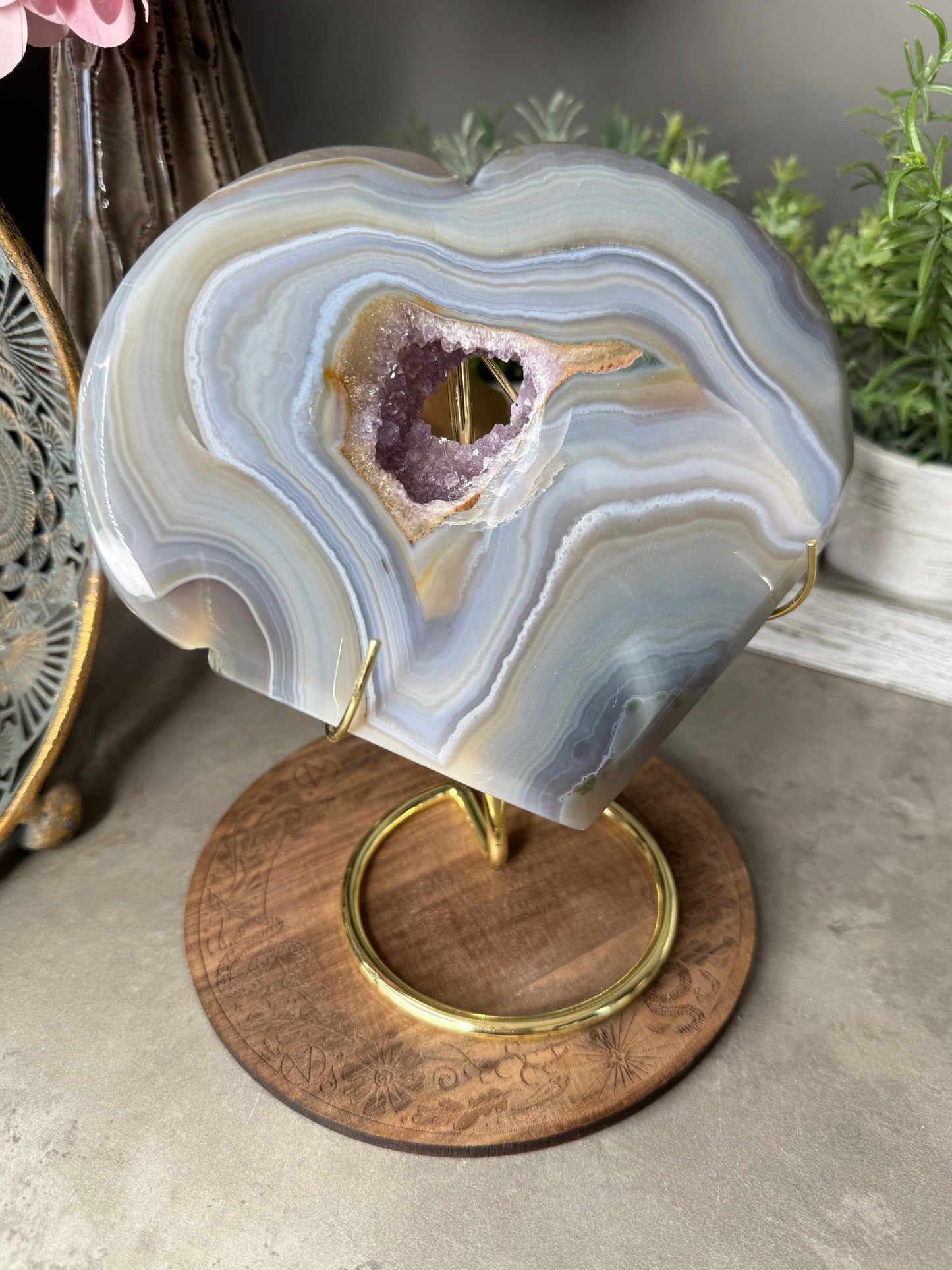 Large Banded Crystal Agate Heart with Druzy Amethyst Pocket