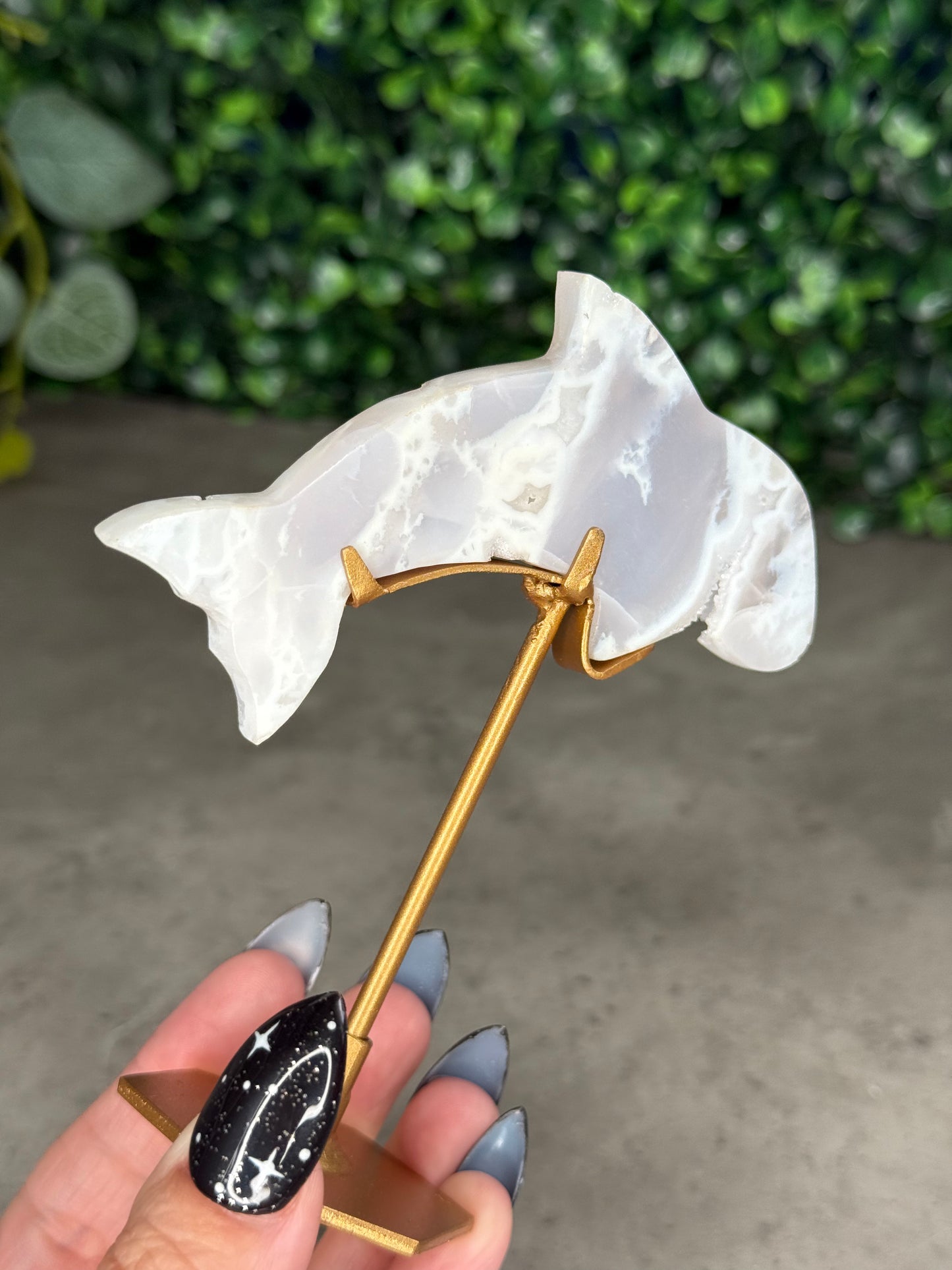 White Plume Agate Dolphin Crystal Carving on Gold Stand