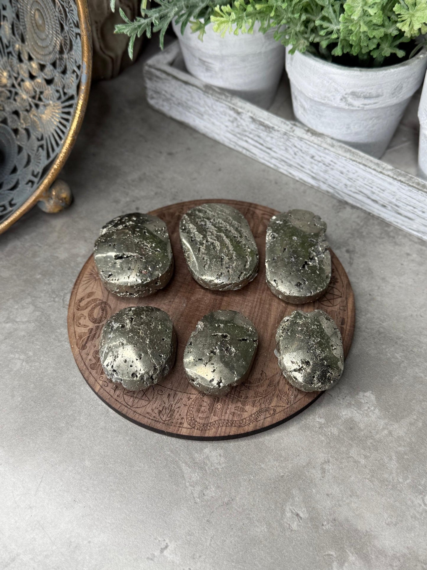 Pyrite Palmstone: Golden Sheen Crystal, Manifestation Tool