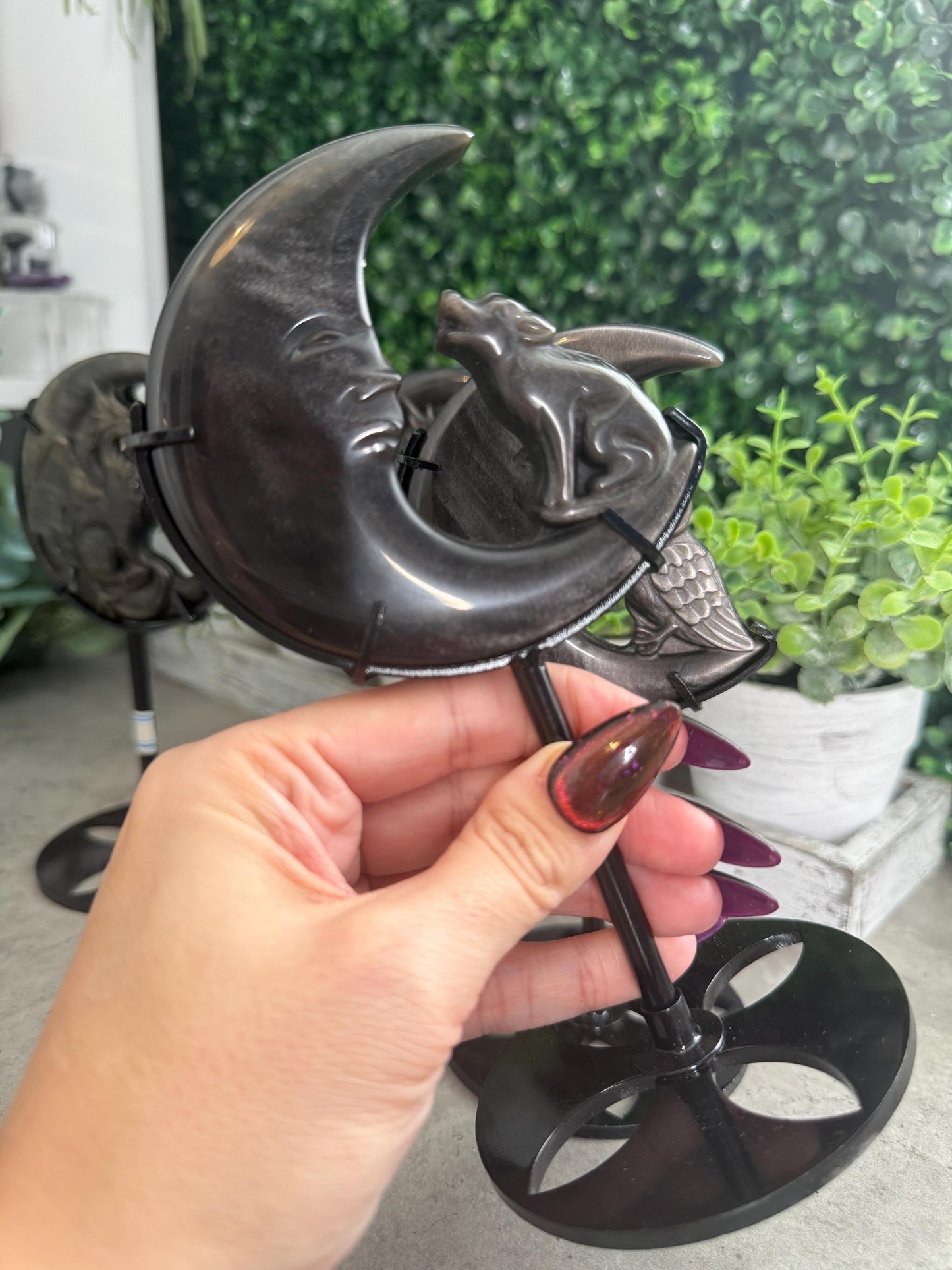 Gold & Silver Sheen Obsidian Moon Carvings On Stands - Owl - Wolf - Dragon