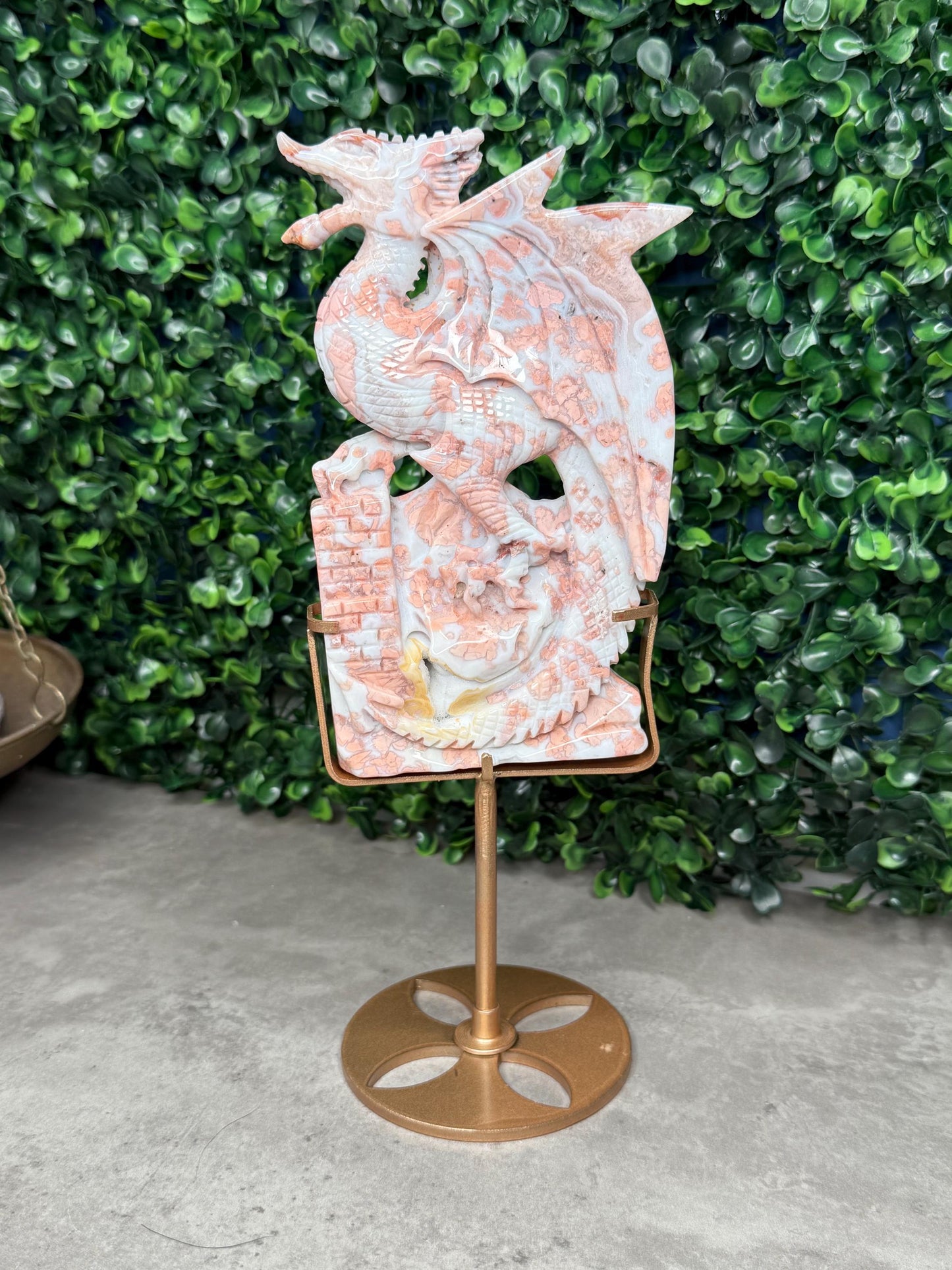 Pink Cotton Candy Agate Druzy Crystal Dragon Carving with Custom Gold Stand - 446g, 153mm