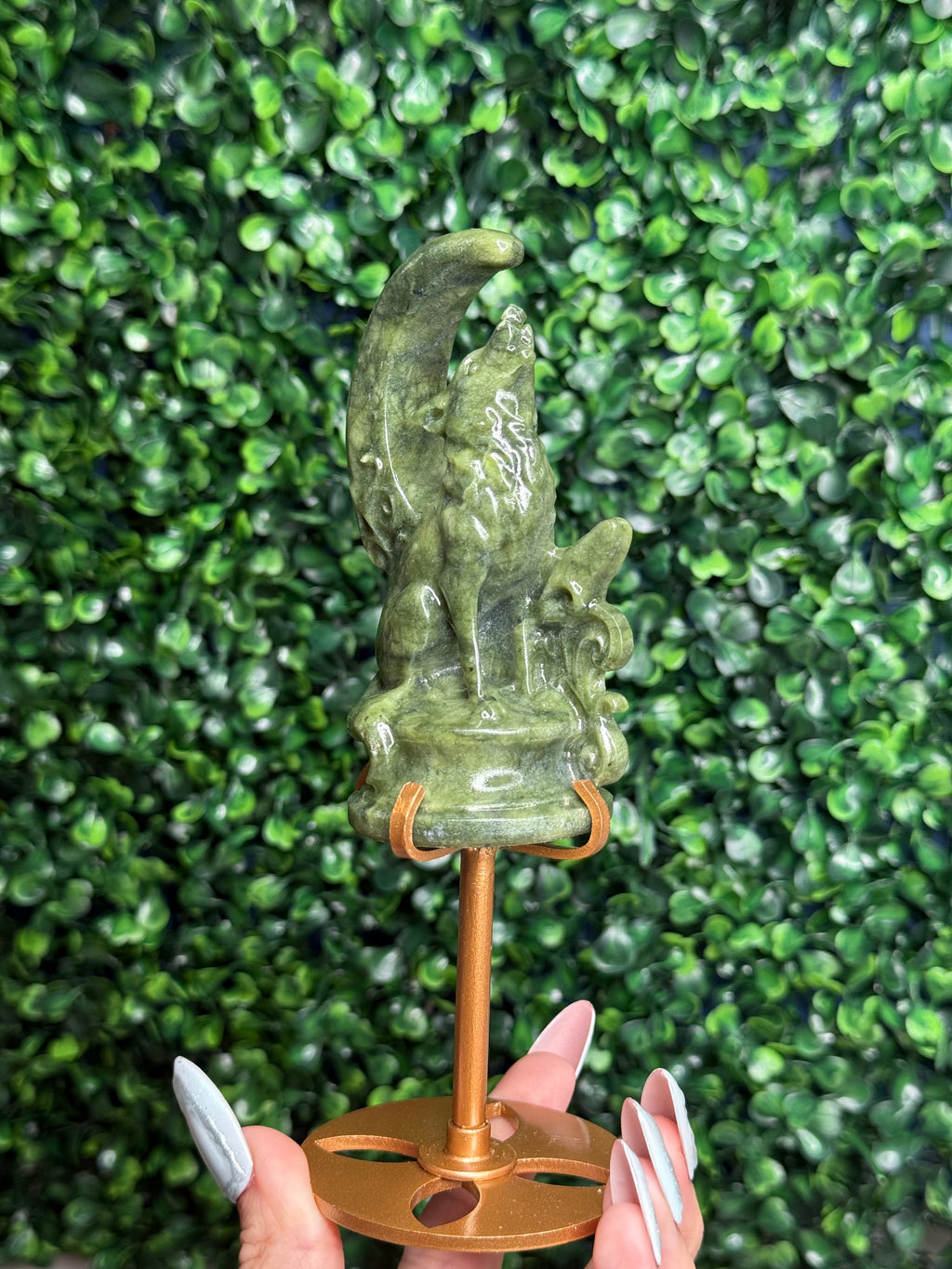 Green Jade Wolf & Moon Crystal Carving