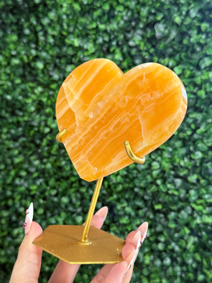 Orange Calcite Heart with Custom Gold Stand from India H