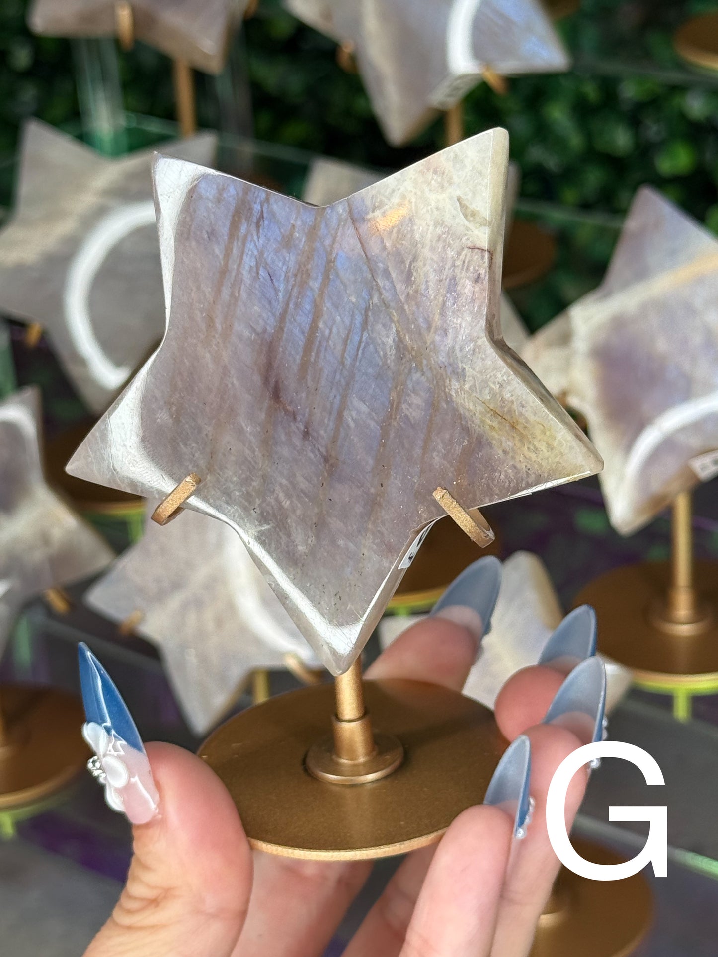 Moonstone Star Carving with Gold Stand – Choose Your Piece (60g–119g)