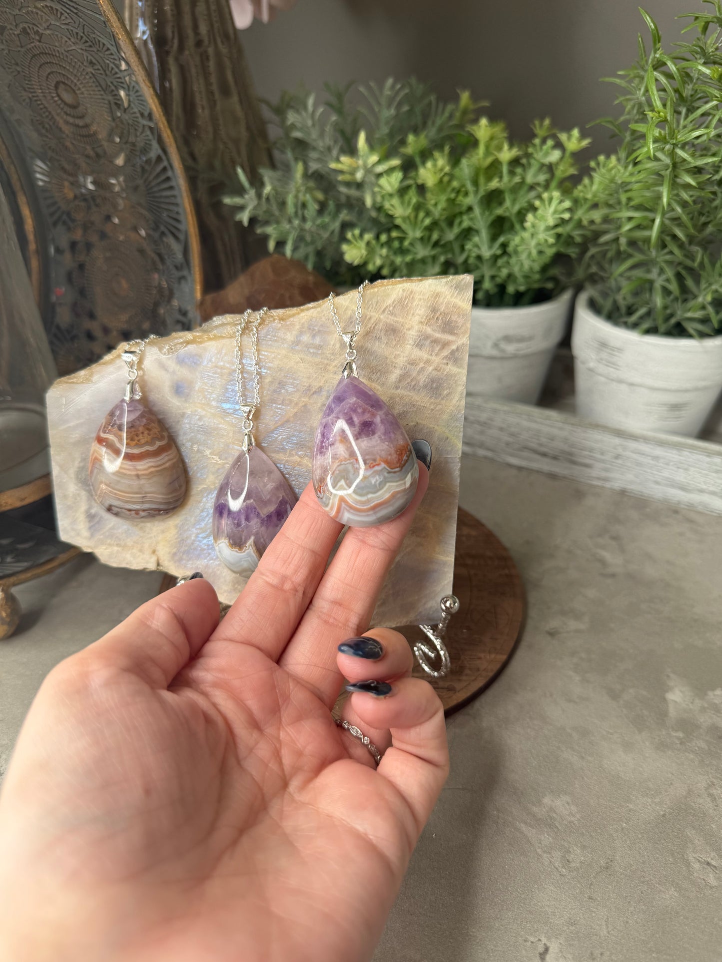 Large Amethyst Agate Silver Crystal Pendants with Chain