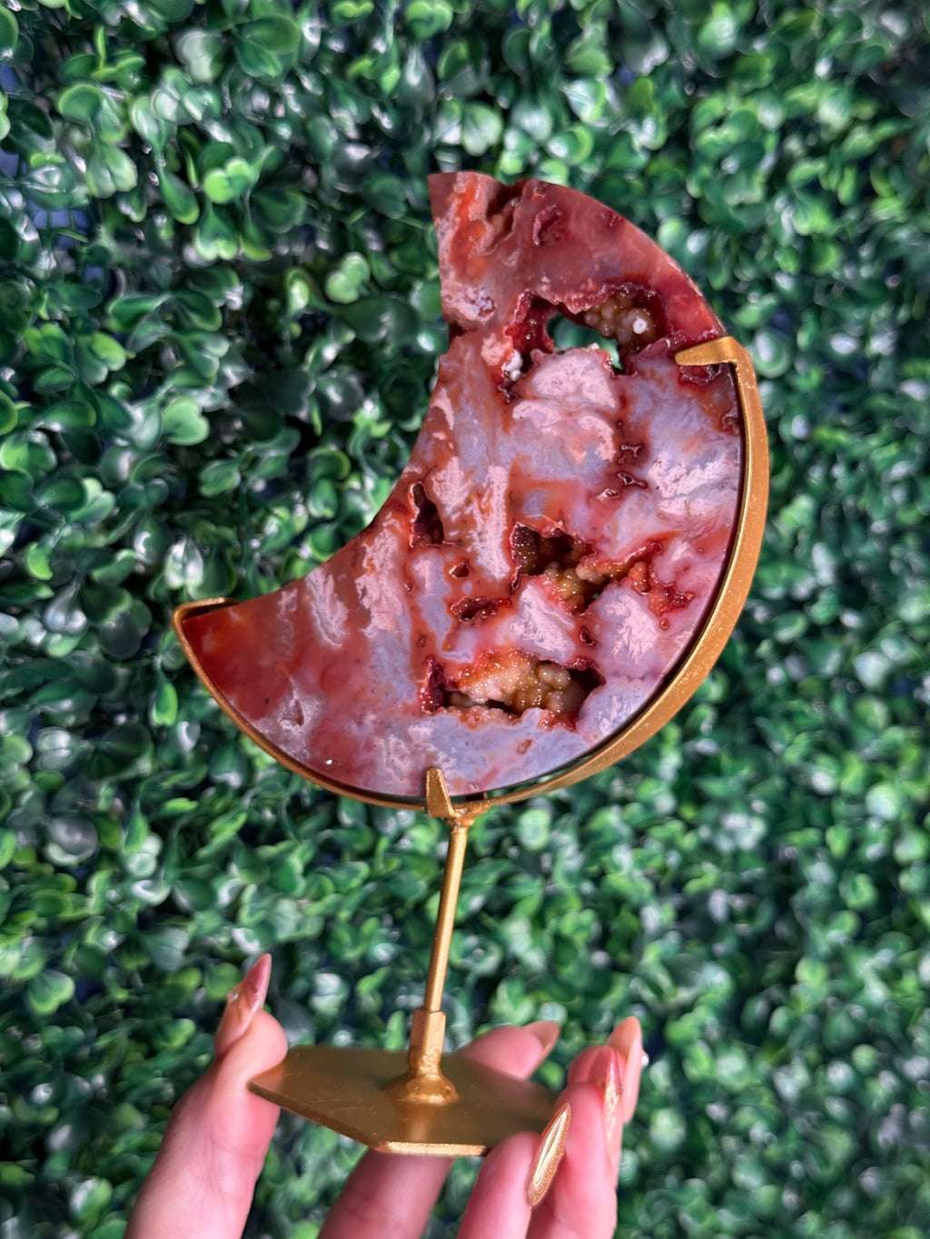 Colourful Carnelian Moon from Indonesia with gold stand