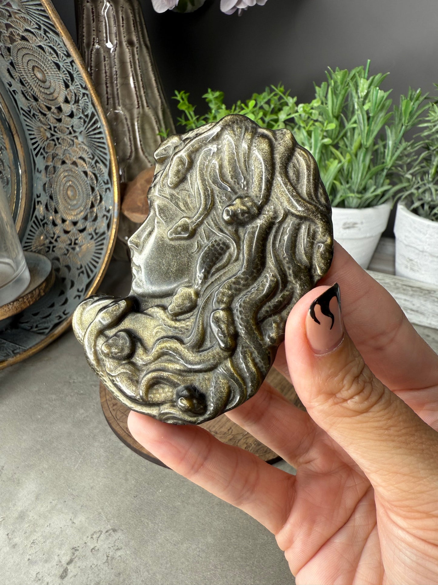 Gold Sheen Obsidian Medusa Crystal Carving - 31g