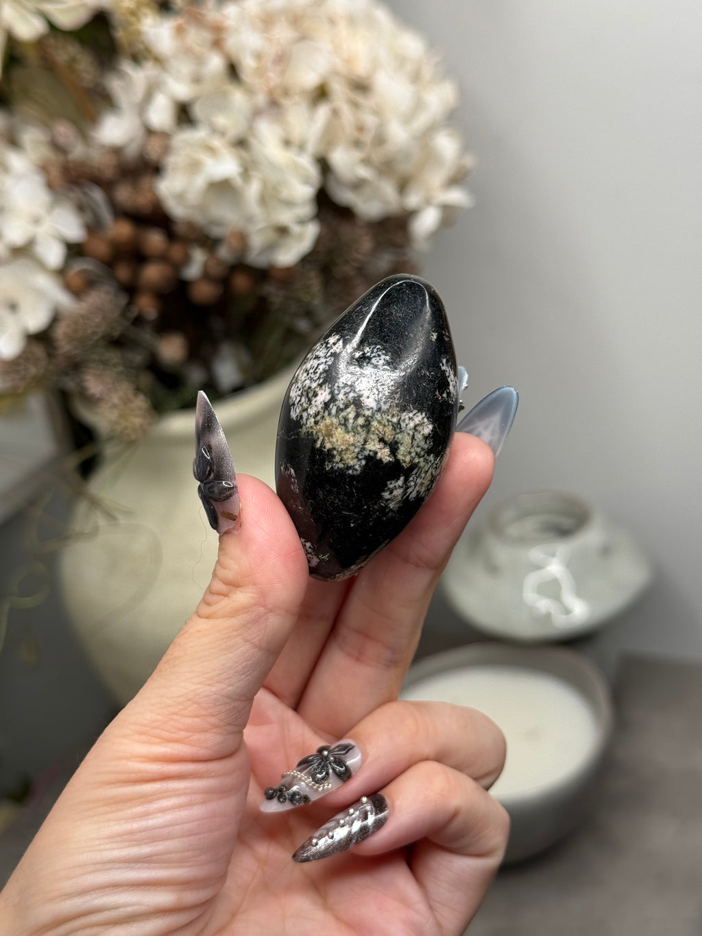Snowflake Obsidian Shiva Palmstone Crystal Carving