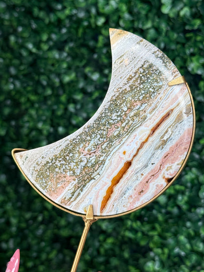 Pink Ocean Jasper moon Crystal carving from Indonesia