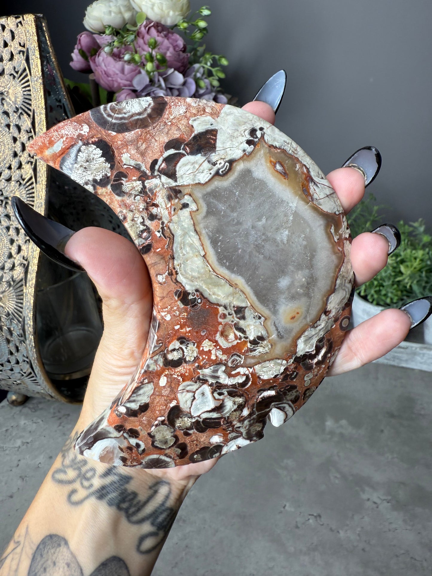Money Agate Crystal Moon with Stand