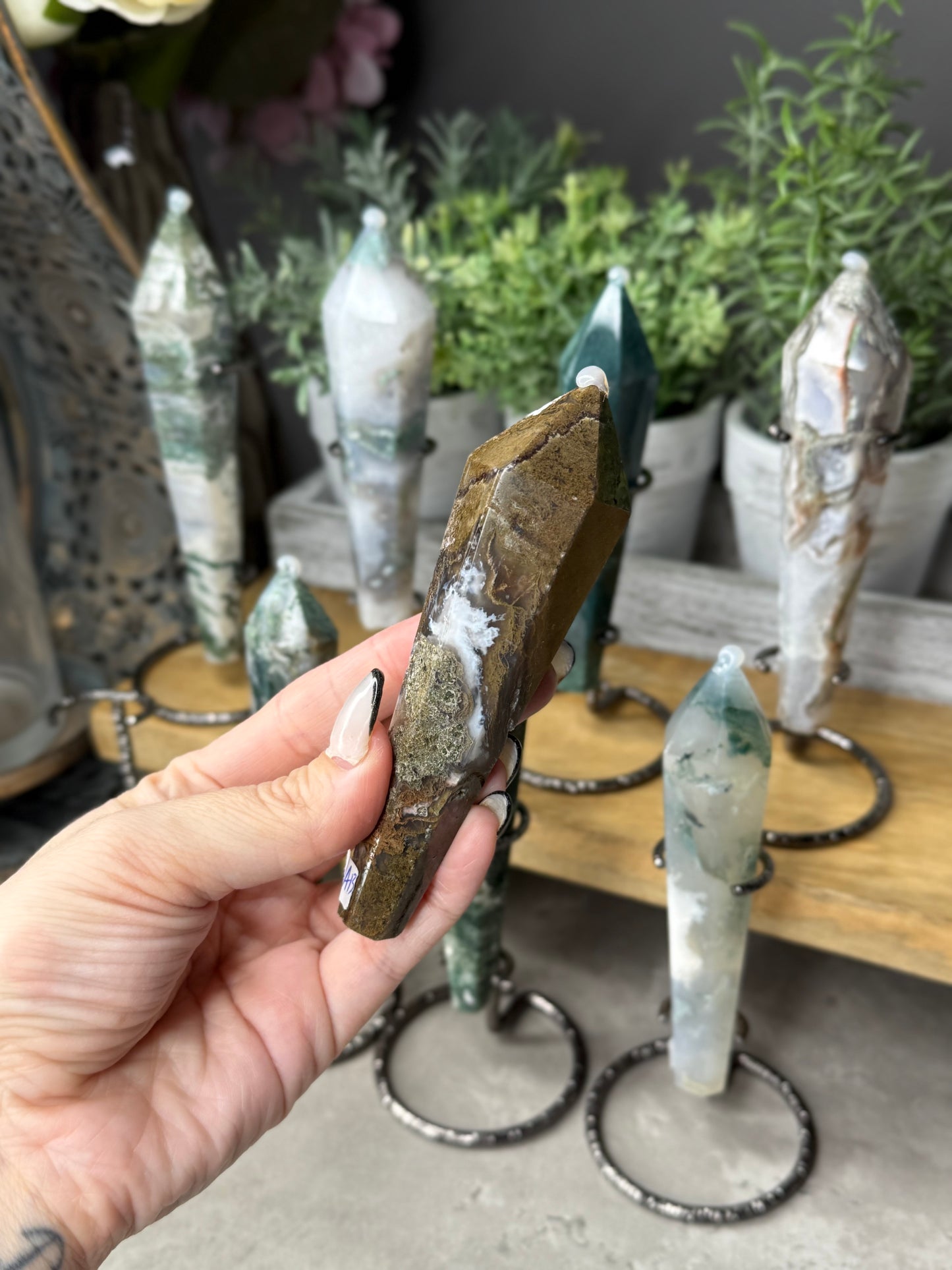 Moss Agate Wands on Stands