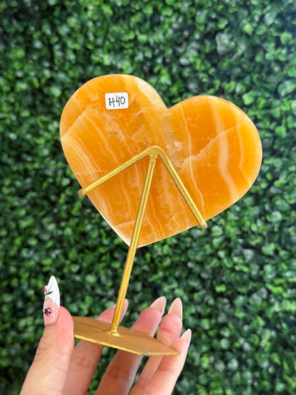Orange Calcite Heart with Custom Gold Stand from India H