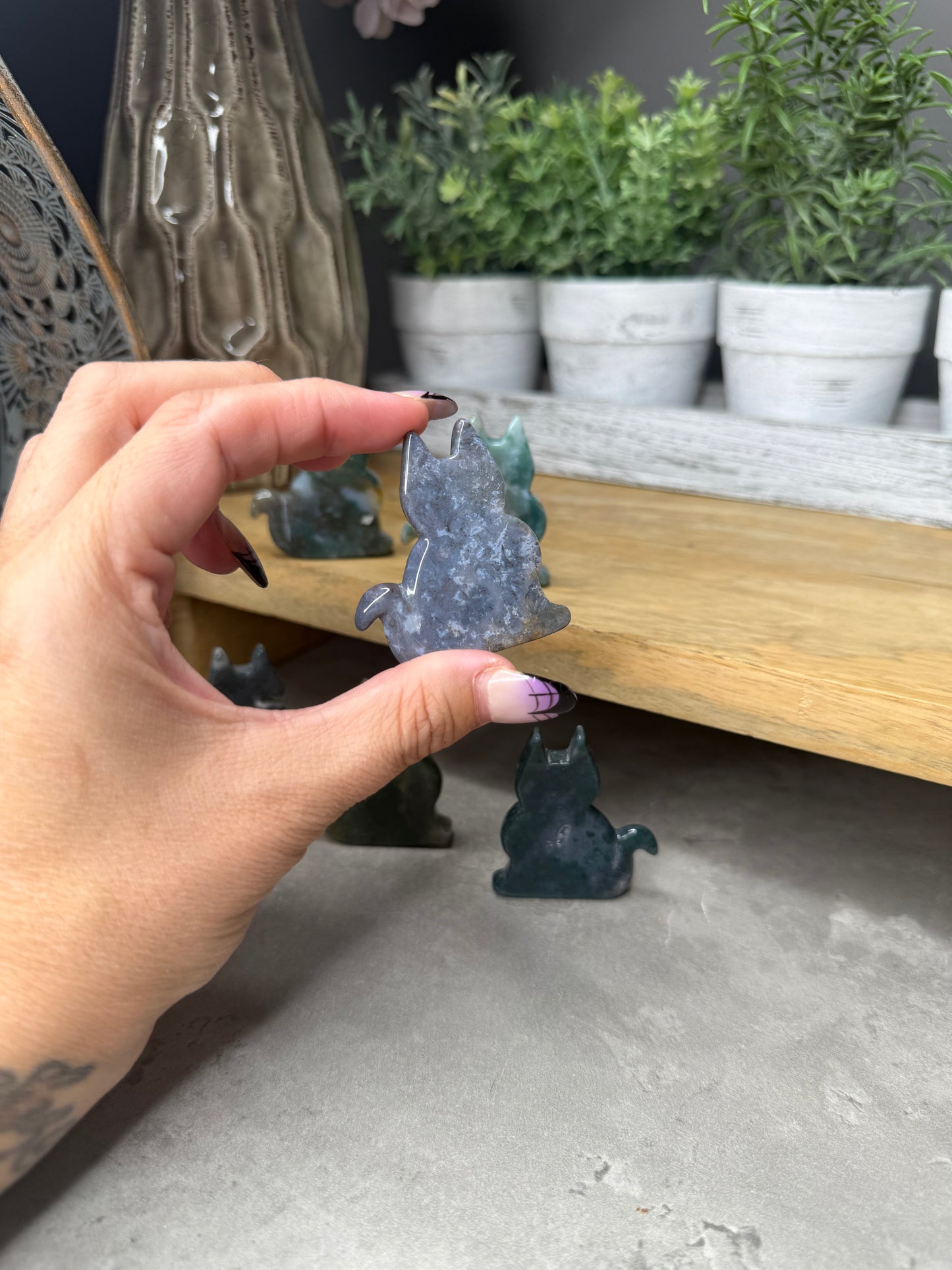Moss Agate Crystal Cat Carvings