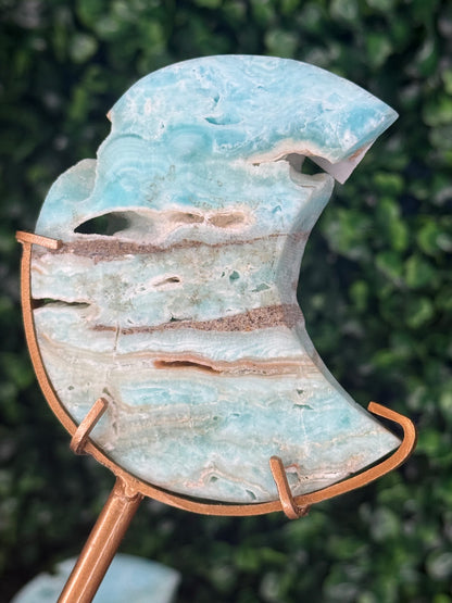 Blue Aragonite Crystal Moon Carvings with Custom Stands