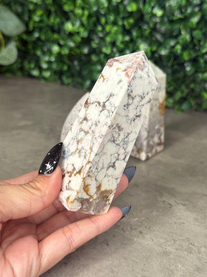White and Pink Cobra Jasper Crystal Carvings Teardrop and Towers