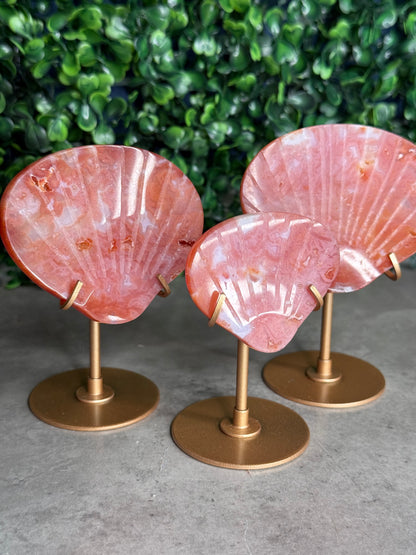 Pink Carnelian Shell Carving with Stand - Indonesian
