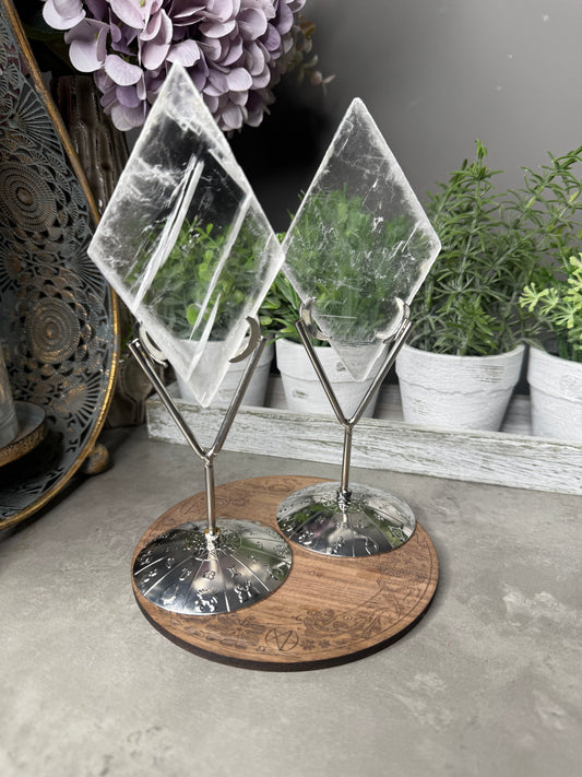 Selenite Rhombus Crystal on Silver Stand