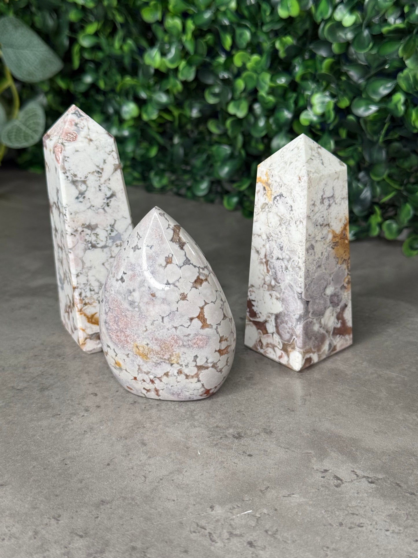 White and Pink Cobra Jasper Crystal Carvings Teardrop and Towers