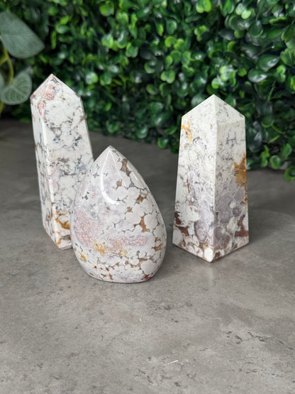 White and Pink Cobra Jasper Crystal Carvings Teardrop and Towers