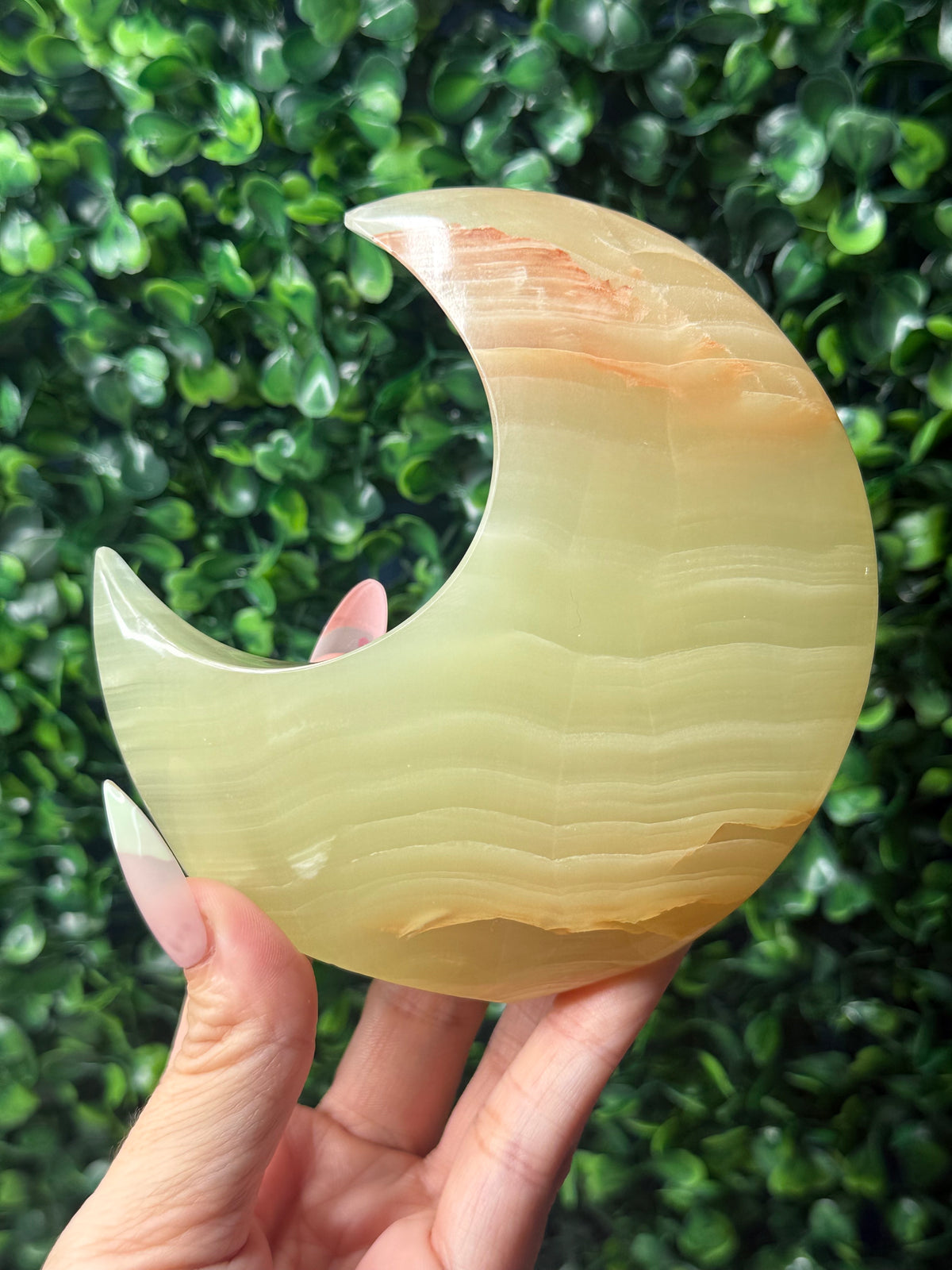 Green Banded Onyx Standing Moon Crystal Carving - Pakistan - A