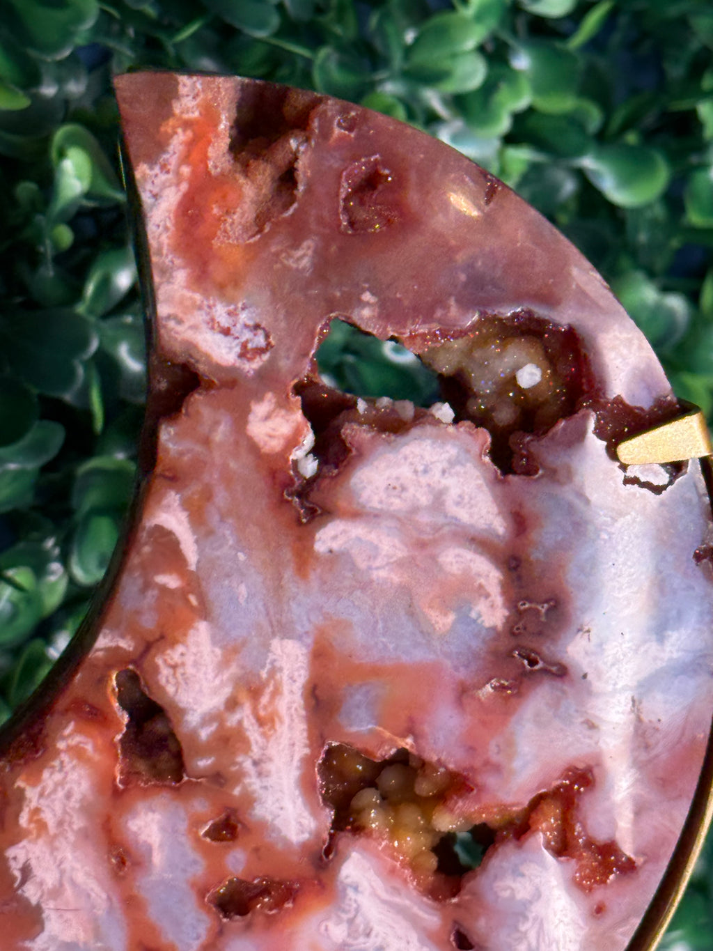 Colourful Carnelian Moon from Indonesia with gold stand