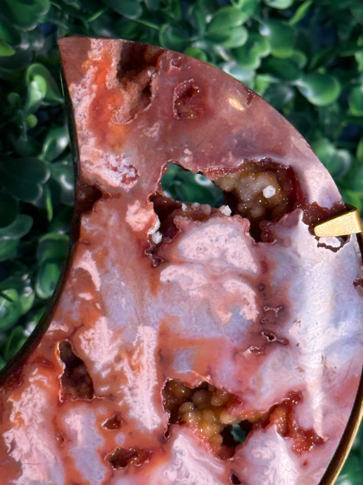 Colourful Carnelian Moon from Indonesia with gold stand