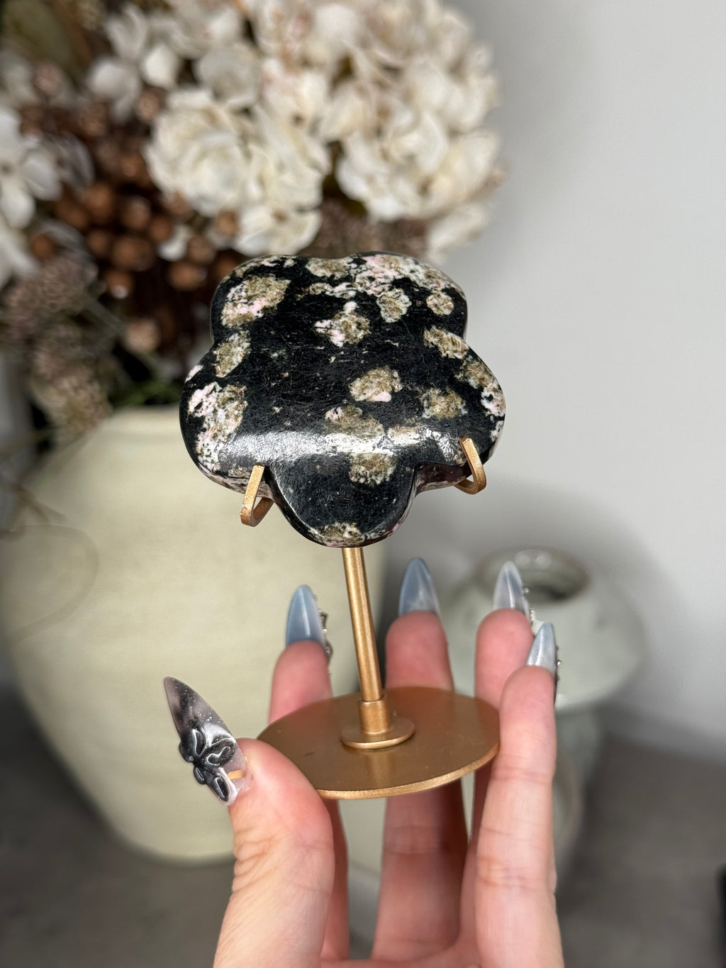 Snowflake Obsidian Flower with Gold Stand