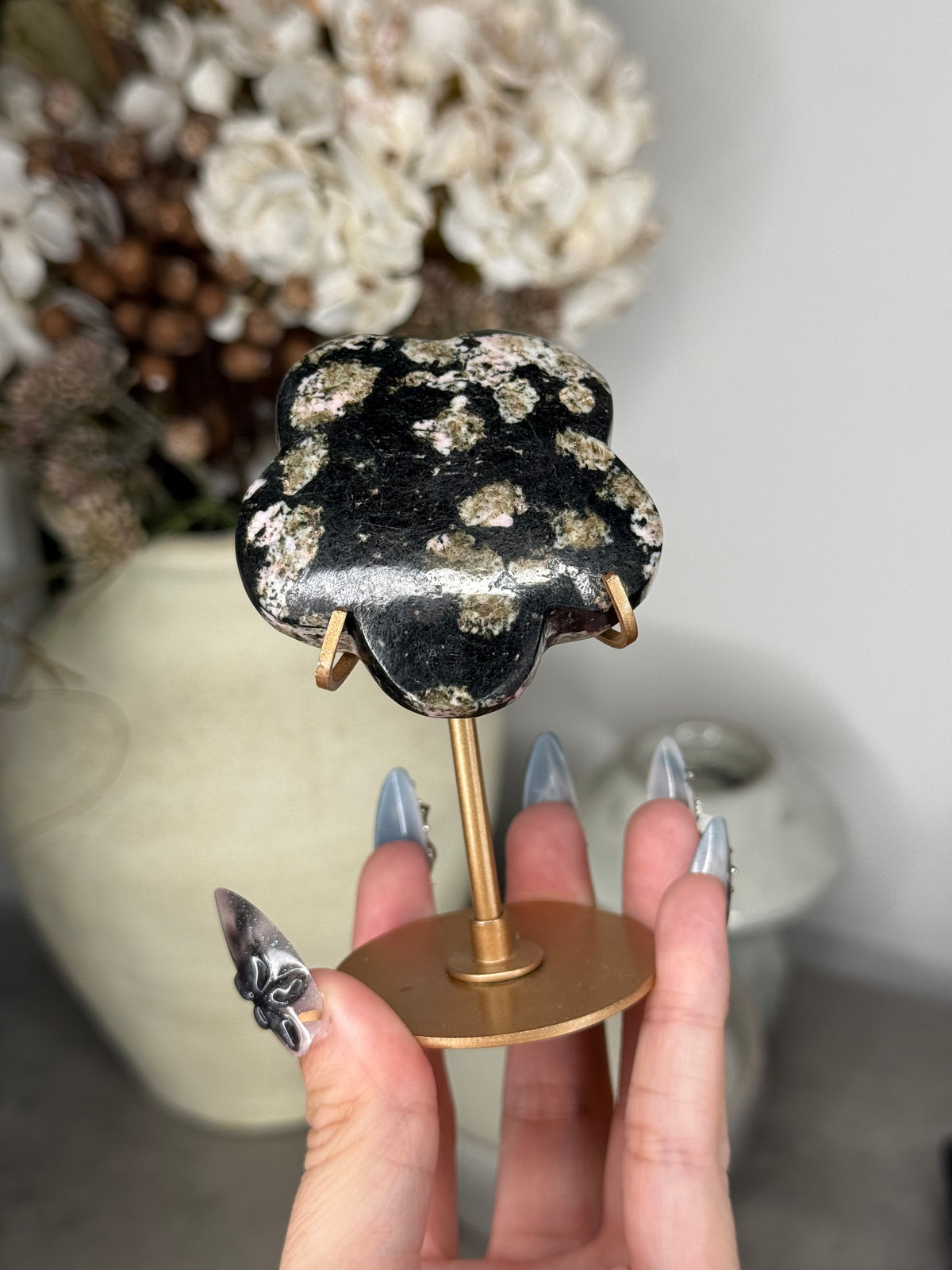 Snowflake Obsidian Flower with Gold Stand