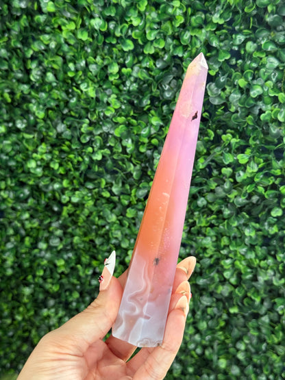 Pink Jelly Agate Obelisk Tower Crystal Carving - F 185g