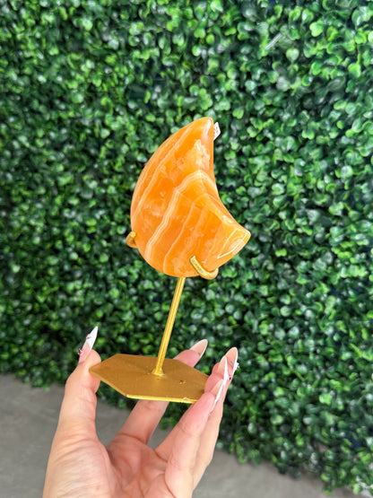 Orange Calcite Moon with Custom Gold Stand from India V