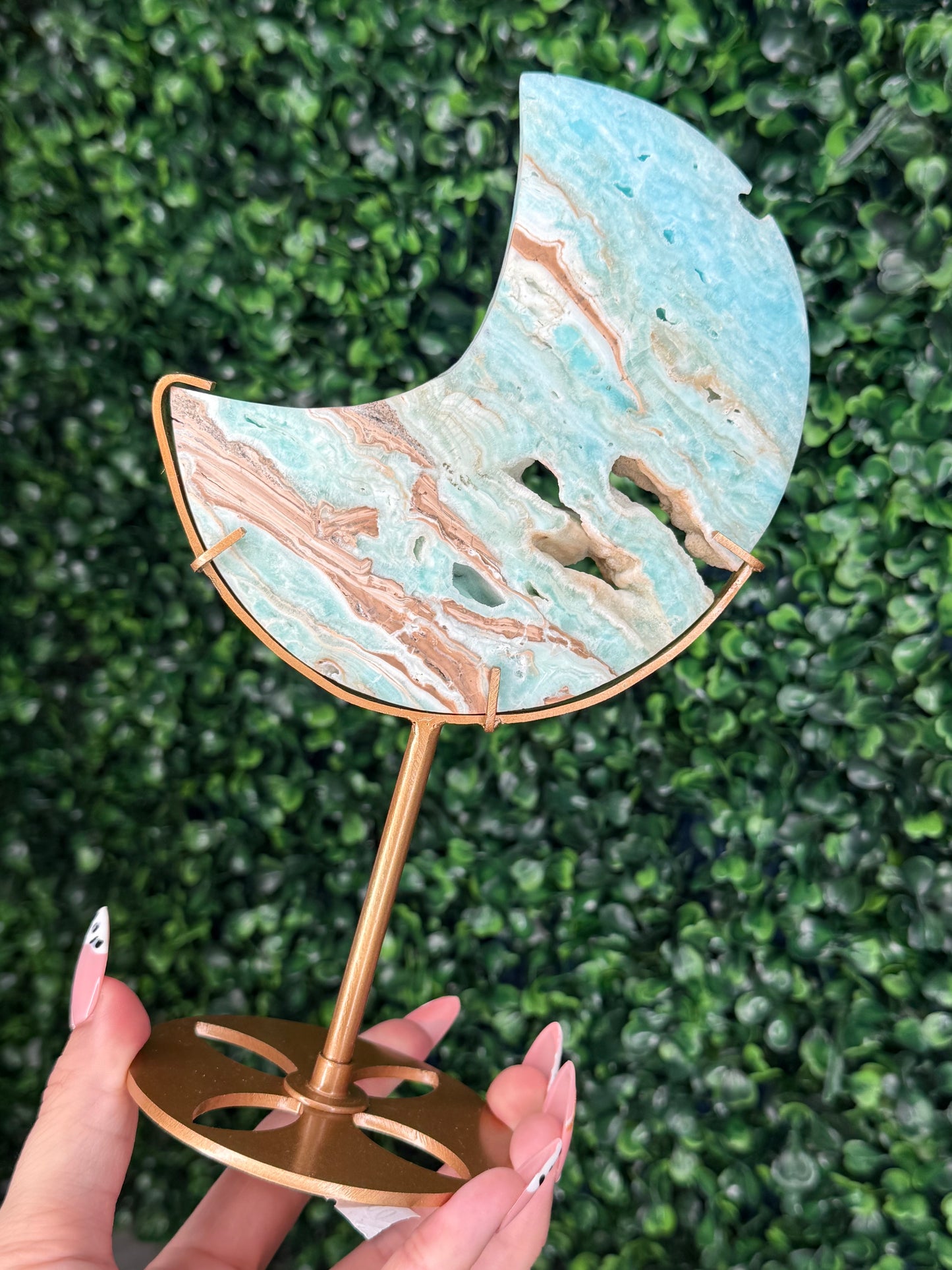 Blue Aragonite Crystal Moon Carvings with Custom Stands