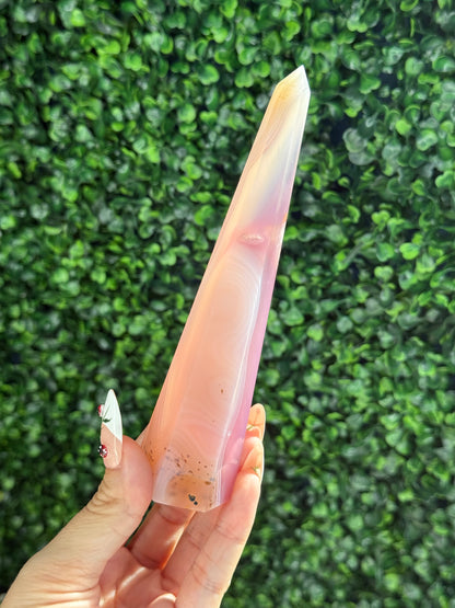Pink Jelly Agate Obelisk Tower Crystal Carving - C 155g