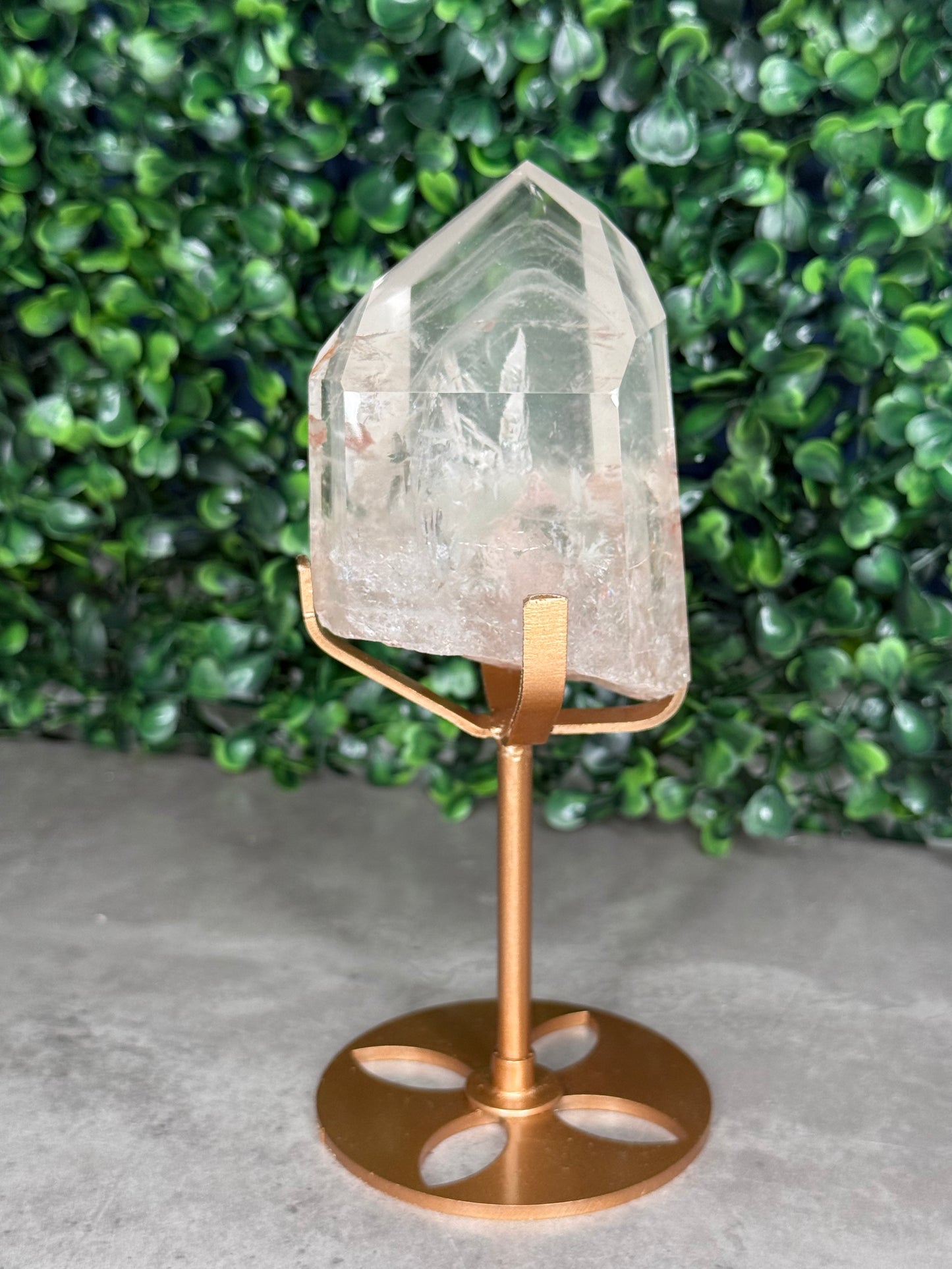 Brazilian Phantom Clear Quartz Freeform on Gold Stand