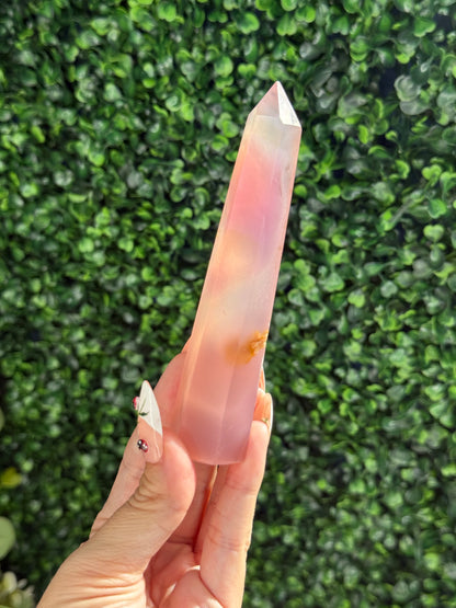 Pink Jelly Agate Obelisk Tower Crystal Carving - A 111g