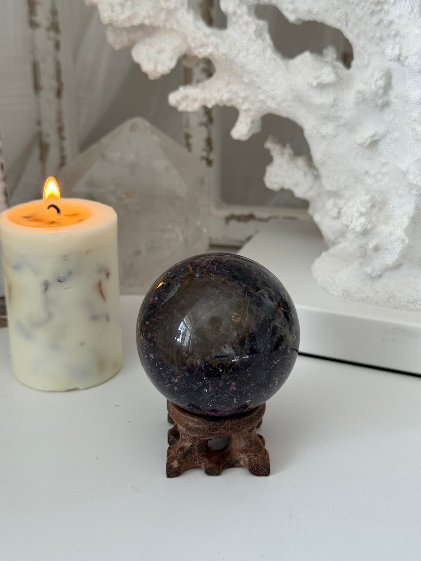 Lepidolite Crystal Sphere with golden healer inclusion