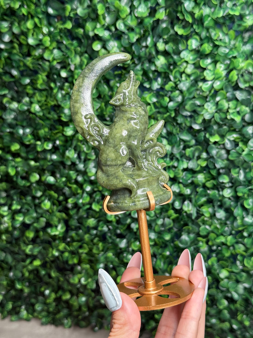 Green Jade Wolf & Moon Crystal Carving