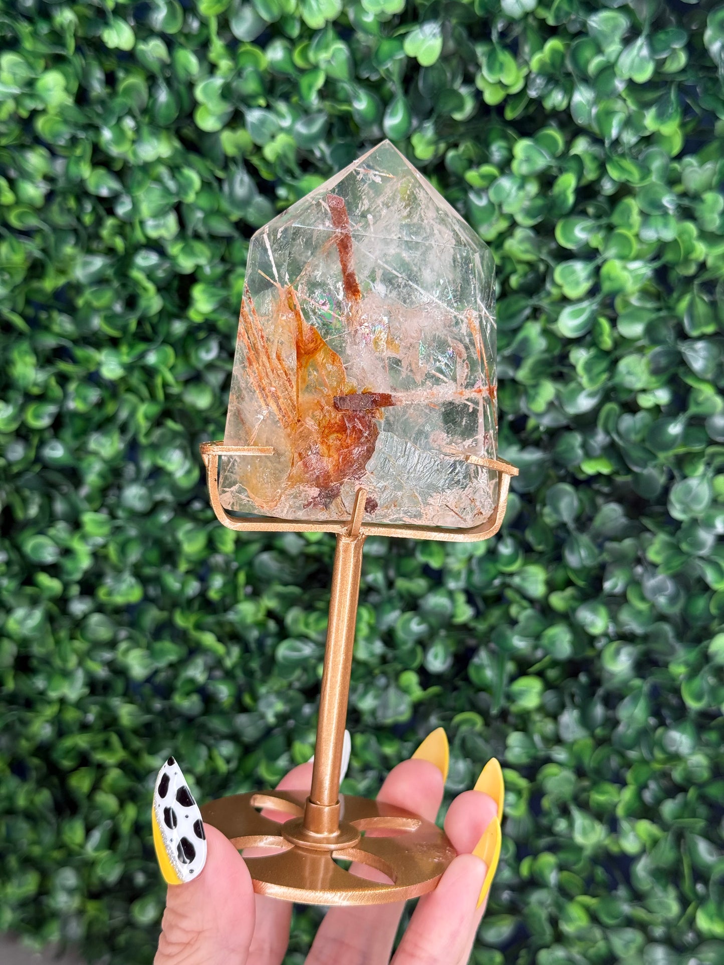 Golden Rutile in Quartz with Custom Gold Stand - Brazil