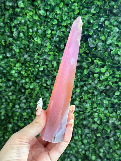 Pink Jelly Agate Obelisk Tower Crystal Carving - F 185g