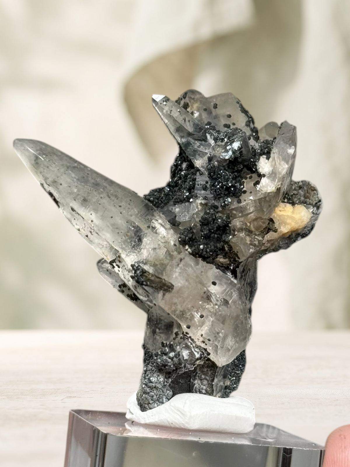 Crystal Glade laser quartz specimen from Pakistan with a slender tapering point and dark mineral matrix on a table