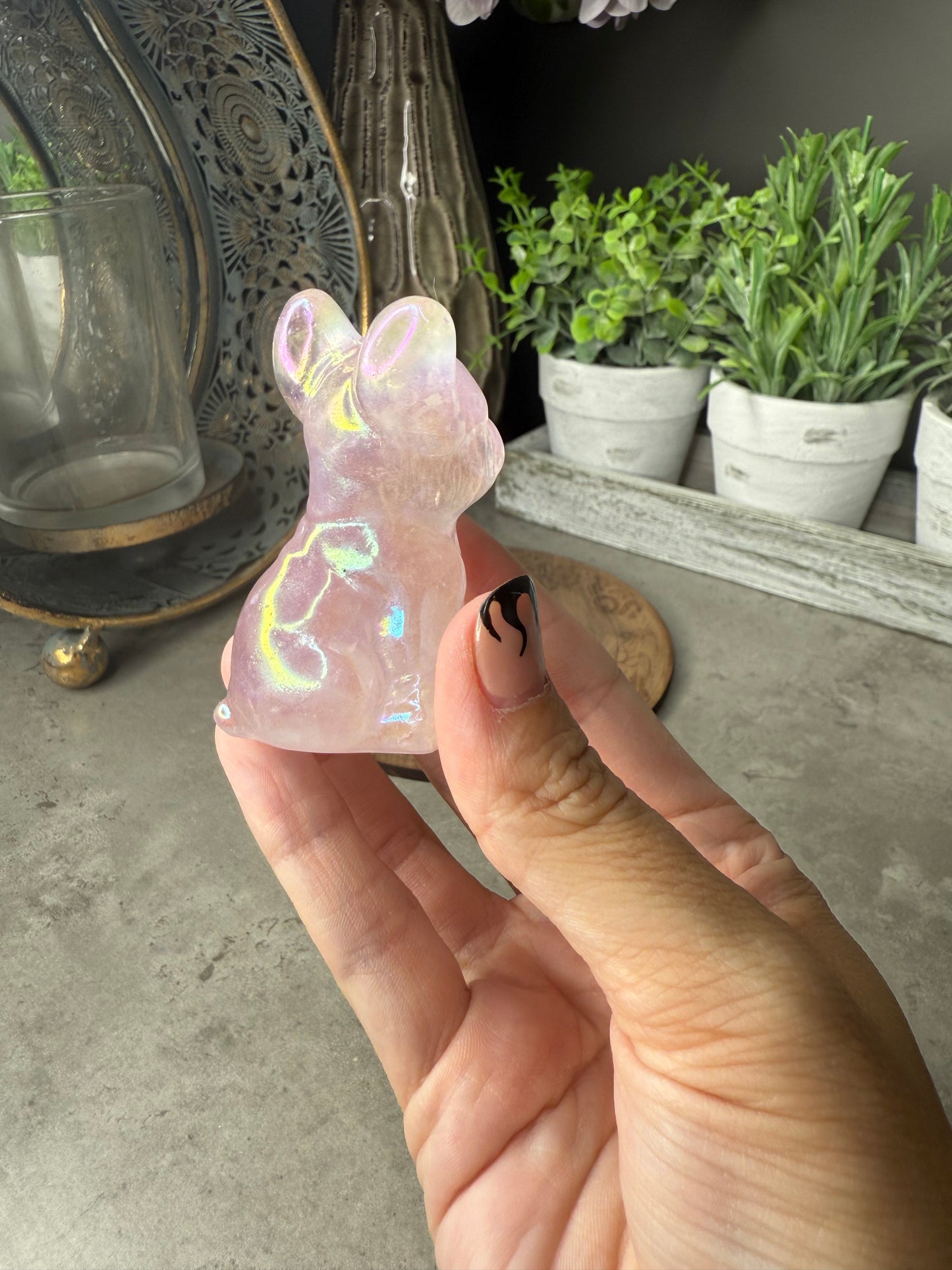 Aura Coated Rose Quartz French Bulldog Crystal Carvings